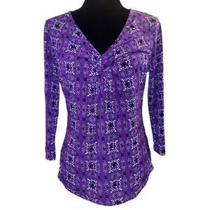 Ellen‎ Tracy Purple with Geometric Patterns 3/4 Length V-Neck Shirt Size Small